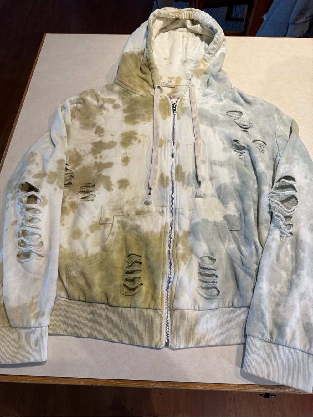 POL Distressed Tie-Dye Zip Hoodie in Olive, Grey, & White